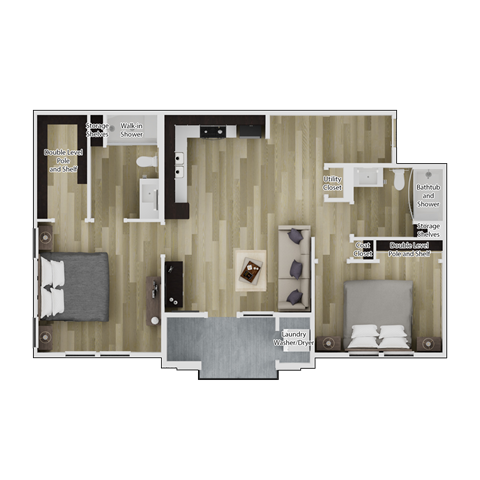 Floor plan for 2 beds, 2 baths, 987 sqft